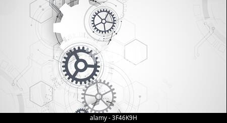 Technology background with grey gears, circuit board lines, geometric circles. Vector Stock Vector