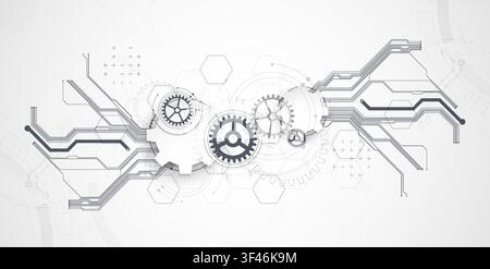 Technology background with grey gears, circuit board lines, geometric circles. Vector Stock Vector