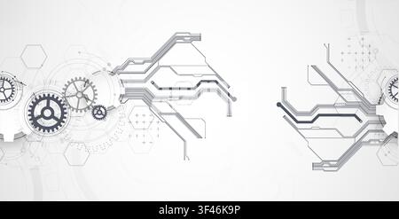 Technology background with grey gears, circuit board lines, geometric circles. Vector Stock Vector