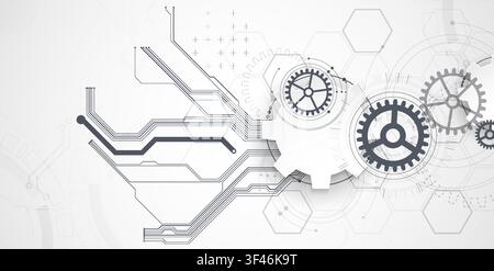 Technology background with grey gears, circuit board lines, geometric circles. Vector Stock Vector