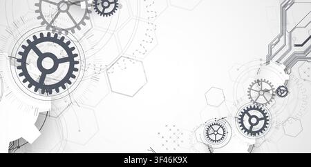 Technology background with grey gears, circuit board lines, geometric circles. Vector Stock Vector