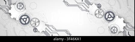 Technology background with grey gears, circuit board lines, geometric circles. Vector Stock Vector