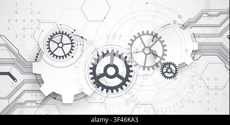 Technology background with grey gears, circuit board lines, geometric circles. Vector Stock Vector