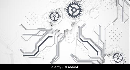 Technology background with grey gears, circuit board lines, geometric circles. Vector Stock Vector
