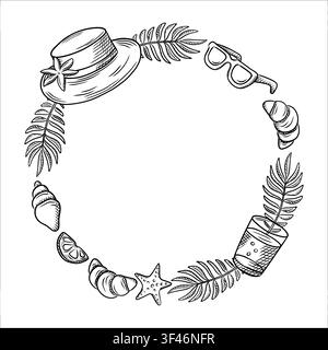 A hand-drawn summer round frame for postcards, invitations, travel, tourism, and advertising. Coconut, sea, beach, and drinks Stock Vector