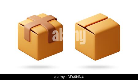 3d cartoon gift box and cardboard box icons. Stock Vector