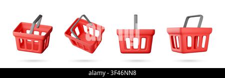 Red 3d shopping basket set from different angles Stock Vector