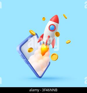 3d rocket launching from smartphone with gold coin Stock Vector