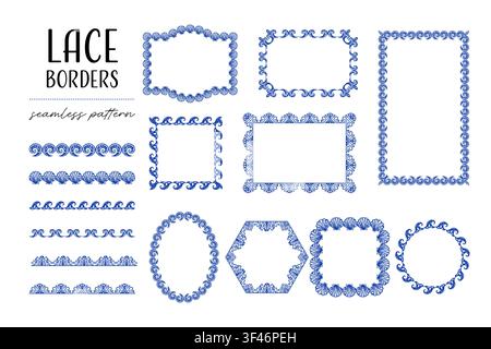Blue coral shell lace set creates marine border frame and ocean patterns with seamless wave trims and decorative square oval round rectangular and hex Stock Vector