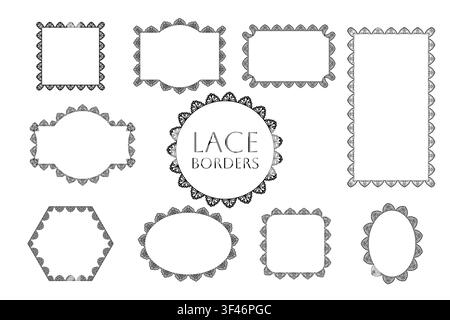 Black lace frames form a scalloped mandala label border set with floral ornament and detailed decorative edges in circle oval square rectangle and hex Stock Vector