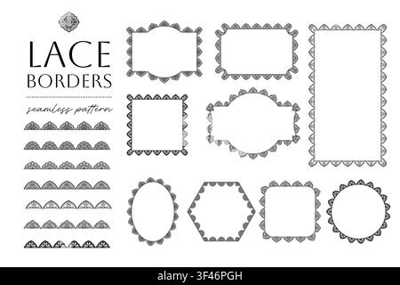 Black mandala lace border set creates scalloped floral frames and seamless trim with detailed ornamental patterns in round oval square rectangular and Stock Vector