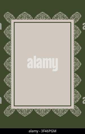 Green cottagecore lace border frames beige blank space with floral ornament in a vertical rectangular layout featuring scalloped decorative edges and Stock Vector