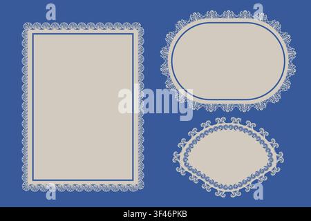 Marine frame set combines coral shell wave lace with blue beige borders in rectangular oval and heart shapes featuring blank copy space and coastal de Stock Vector