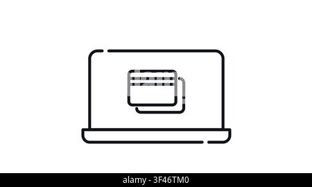 Laptop with credit card symbol on screen vector icon. Black line art style on white background. Online shopping, e-commerce payment, and mobile bankin Stock Vector