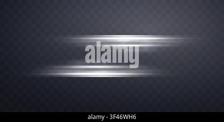 Silver horizontal lensflare. Light flash with rays or spotlight and bokeh. Silver glow flare light effect. Vector illustration. Isolated on dark Stock Vector