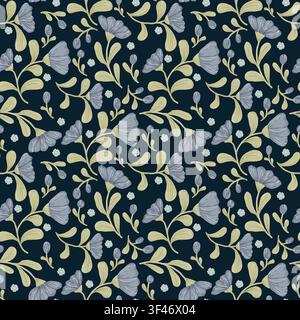 delicate light purple flowers with golden hearts, flowing green leaves and stems. The seamless floral pattern is isolated against the background. Idea Stock Photo