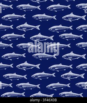 Silhouette of fish in a flock, seamless pattern. Vector illustration Line drawing of mackerel for fish and seafood, restaurants and food delivery, tex Stock Vector