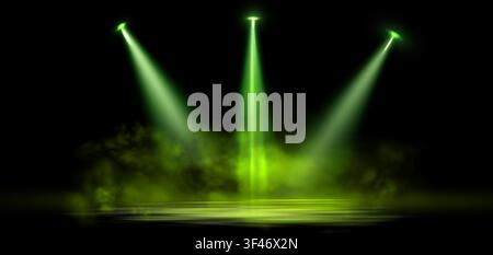 Spotlight background light, stage green smoke or haze, overlay overlay effect on a dark background, magic fog, vapor on floor. Abstract vector Stock Vector