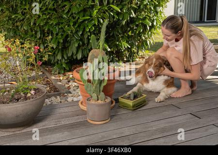 Young woman praising and petting her Border Collie after a successful training session in a sunny backyard garden Stock Photo
