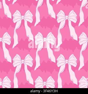 Romantic pink ribbons over wavy fluid background stripe seamless pattern. Cute girly coquette repeat background Stock Vector