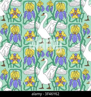 Vintage seamless pattern with art deco style hand drawn elegant white swan and yellow purple iris flowers Stock Vector