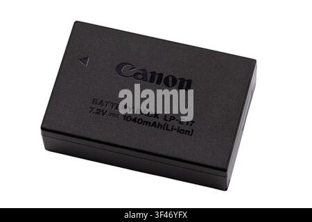 Canon LP-E17 rechargeable lithium-ion camera battery isolated on a white background. Genuine camera accessory photographed in a clean studio setup wit Stock Photo