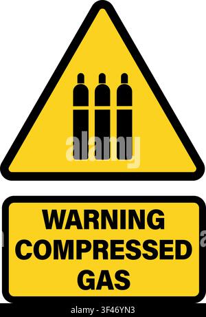 Warning compressed gas, yellow triangle shape sign with gas cylinders silhouette and text below. Stock Vector