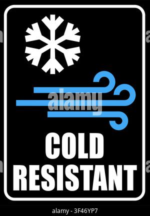 Cold resistant, label sign with symbols of snowflake and wind. Text below. Black background. Stock Vector