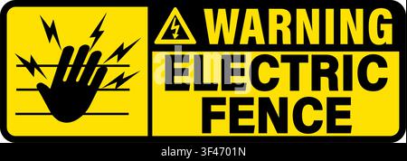 Warning, electric fence. Caution and safety sign with symbols of hand, wire and lightnings. Text on the right. Horizontal shape, strip. Stock Vector