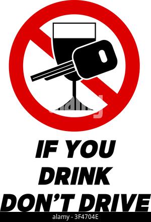 If you drink, don't drive. ban sign with wine glass and car ignition key. Text below. Stock Vector