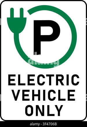 Electric vehicle only, reserved parking sign with the letter P in the middle of a green round wire with electrical plug. Text below. Stock Vector