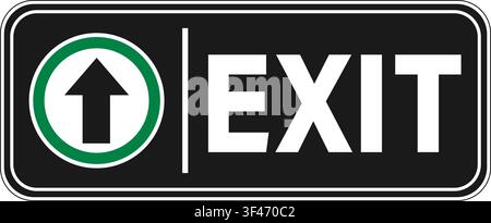 Exit sign, directional arrow inside a green border circle. Text on the right. Black background. Horizontal shape. Stock Vector
