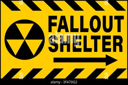 Fallout shelter. Information sign with nuclear symbol, directional arrow and text . Yellow black barricade tape above and below. Stock Vector
