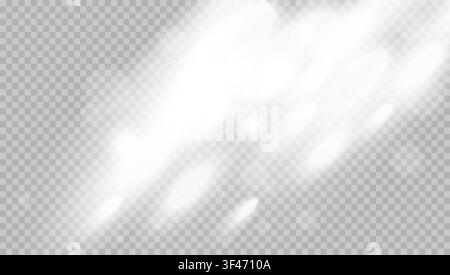 White sunlight overlay on a transparent background, sunbeams sunny bunnies mockup product presentation. Vector realistic isolated light effect. Abstra Stock Vector