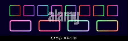 Glowing neon rectangle frames set with glowing blue, green, pink and purple light effects, futuristic portal gateway, vibrant and LED illumination Stock Vector