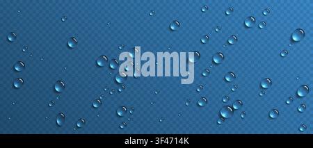 Realistic vector water drops overlay isolated on a blue transparent background png. Water condensation on surface, light reflection and realistic shad Stock Vector
