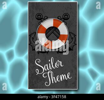 Stylish sailor themed vertical banner with lifebuoy, crossed anchors and dark grunge texture. Nautical summer vector background for party invitations, Stock Vector