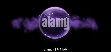 Purple magic fantasy sphere. Crystal ball with glowing sparkles and particles. Energy orb with glow flare light effect. Isolated on transparent Stock Vector