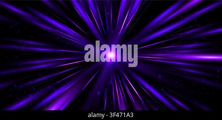 Dynamic light rays burst from center with radial speed lines, neon glow effect. Purple motion trails and sparkling beams, vibrant perspective Stock Vector