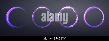 Glowing purple magic rings set. Neon realistic energy flare halo rings. Abstract light effect on a dark transparent background. Vector illustration. Stock Vector