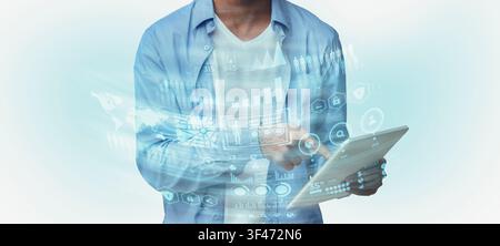 Black man using digital tablet, cyber security concept Stock Photo