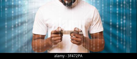 Mobile Security Concept. Black man using phone Stock Photo