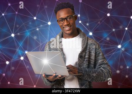 Man using personal computer with flying network Stock Photo