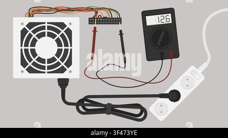 PC Power Supply Unit Testing with Digital Multimeter Voltage Measurement Vector Illustration Stock Vector