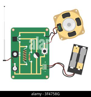 Simple Radio Circuit Board Electronic Components Speaker Antenna Vector Illustration Stock Vector