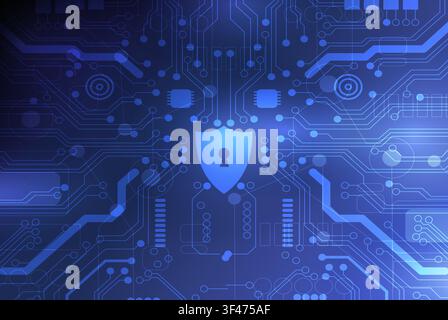 Shield with keyhole icon on blue digital data background Stock Photo