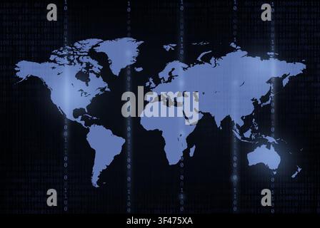 llustrartion of world map with matrix binary code falling Stock Photo