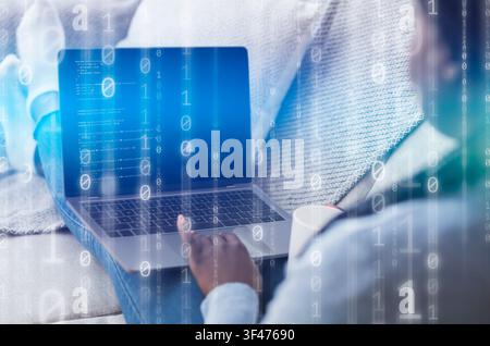 Security Concept. Black woman using laptop writing code Stock Photo