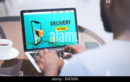 Internet shopping and delivery service. Black guy with laptop ordering online at home, collage. Panorama Stock Photo