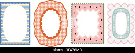 Cute coquette frame collection with playful scallop edges and soft pastel details. Hand drawn floral borders create a charming aesthetic for Stock Vector